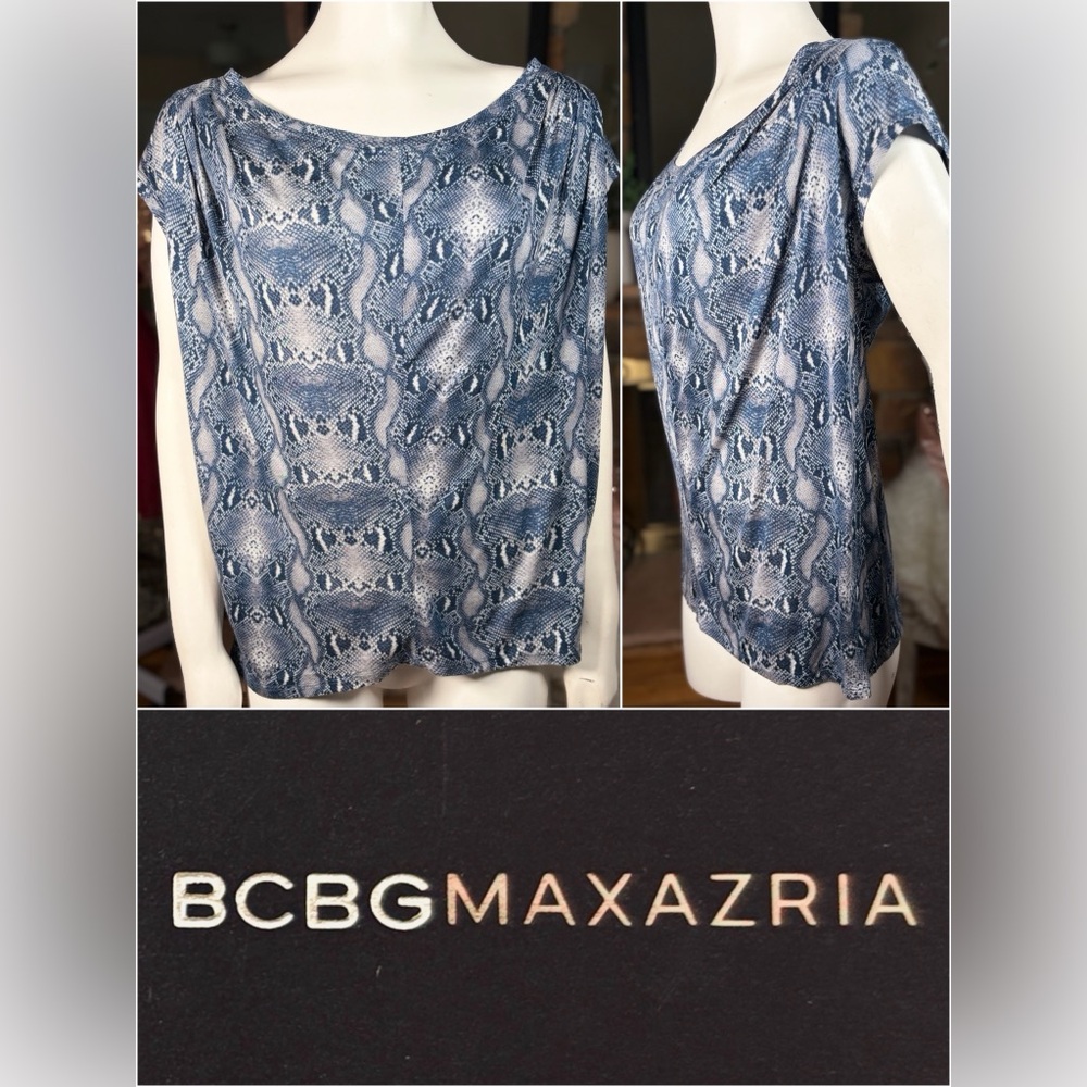 BCBG Max Azria Blue Snakeskin Print Relaxed Fit Short Sleeve “Hera” Top, Sz S
